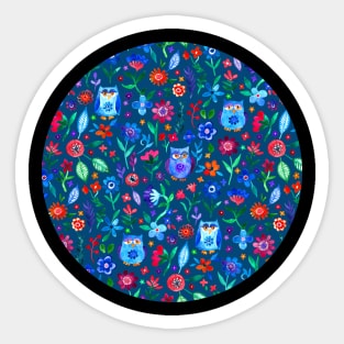 Little Owls and Flowers on deep teal blue Sticker